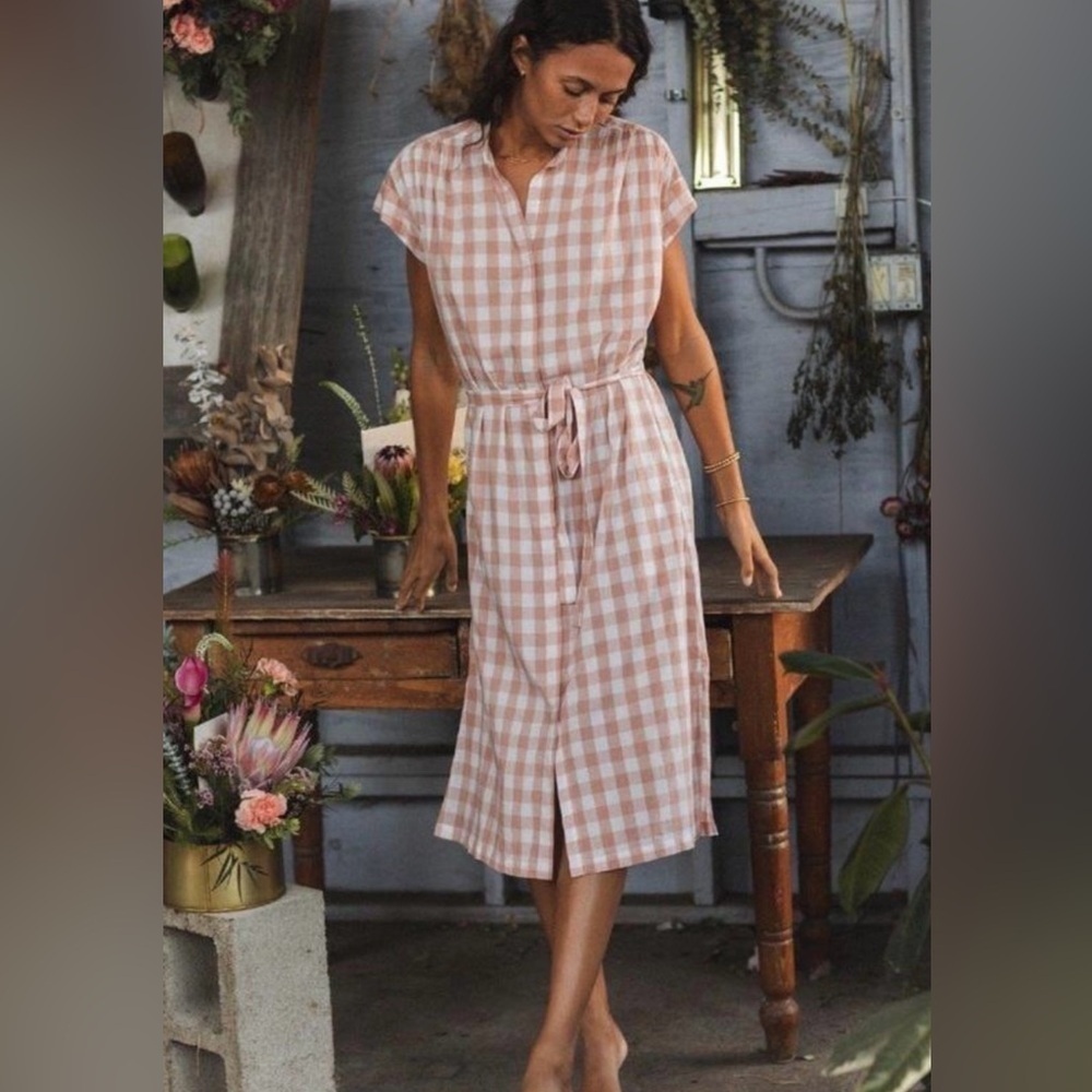Trovata Brids of Paradise Astrid Easy Shirt Dress - Blush check XS